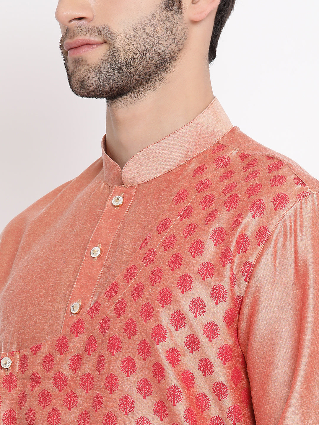 Vastramay Men's Peach Cotton Silk Blend Kurta and Churidar Set