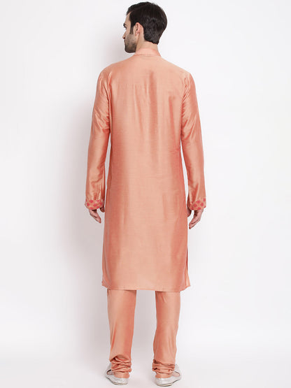 Vastramay Men's Peach Cotton Silk Blend Kurta and Churidar Set