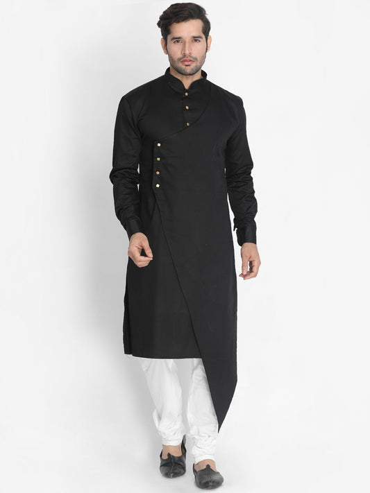 Vastramay Men's Black Cotton Satin Blend Kurta and Churidar Set