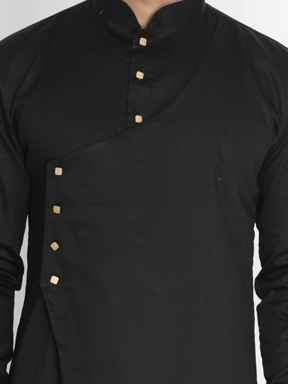 Vastramay Men's Black Cotton Satin Blend Kurta and Churidar Set