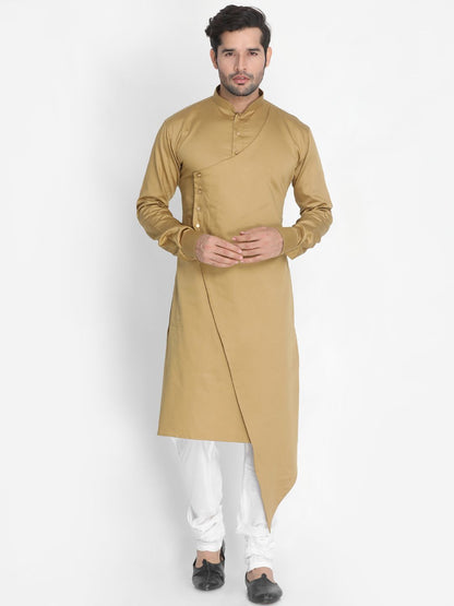 Vastramay Men's Beige Cotton Silk Blend Kurta and Churidar Set