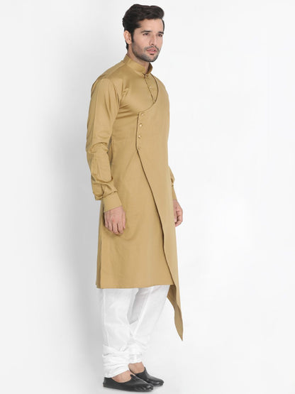 Vastramay Men's Beige Cotton Silk Blend Kurta and Churidar Set