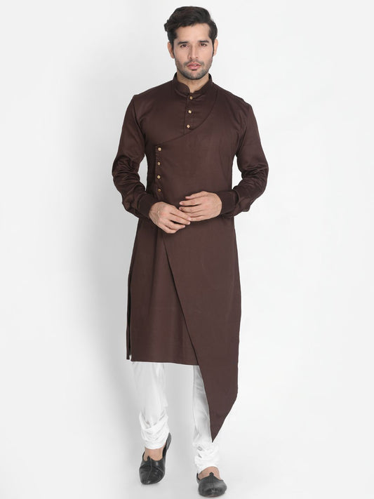 Vastramay Men's Brown Cotton Silk Blend Kurta and Churidar Set