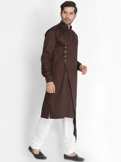 Vastramay Men's Brown Cotton Silk Blend Kurta and Churidar Set