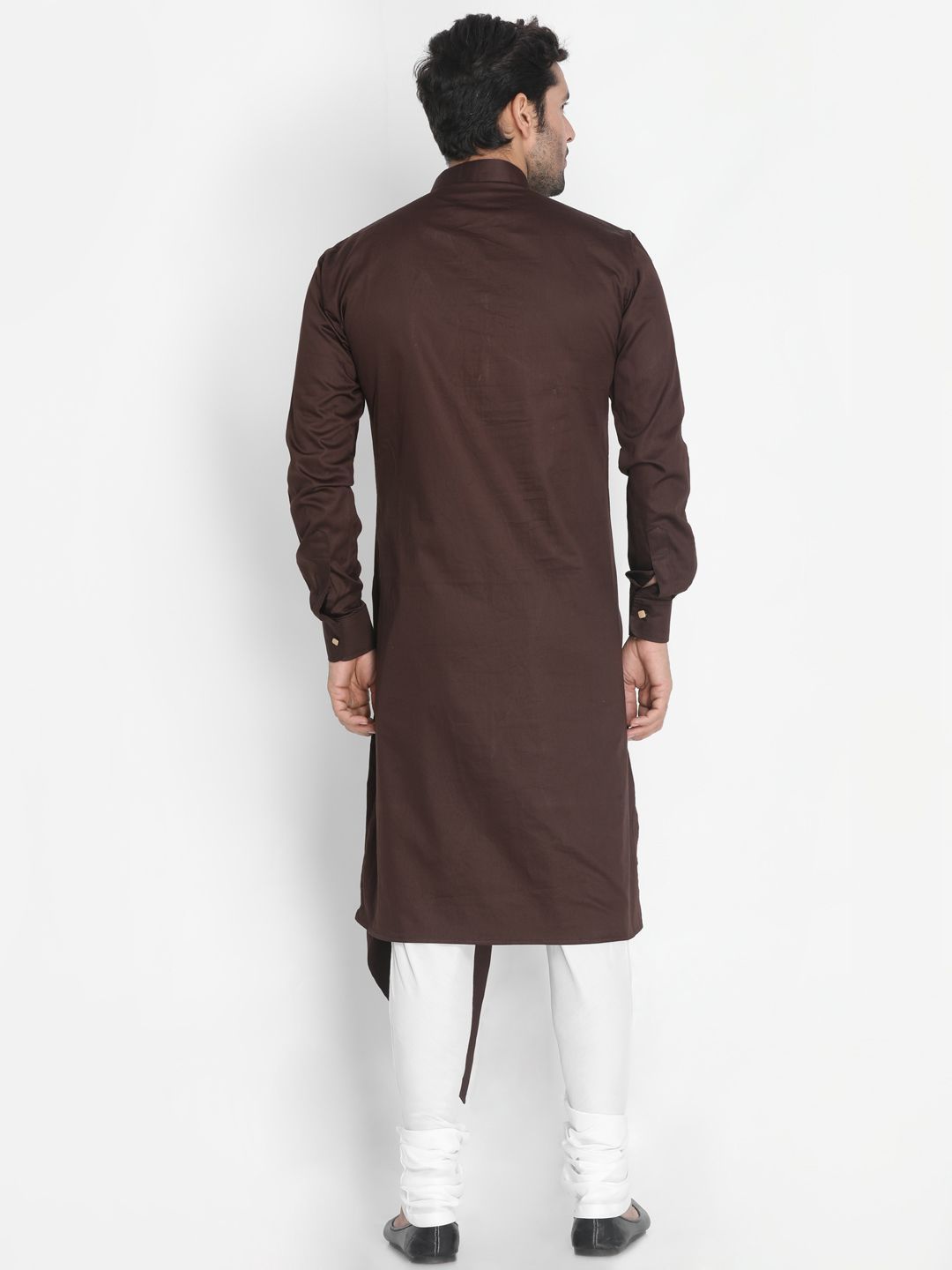 Vastramay Men's Brown Cotton Silk Blend Kurta and Churidar Set