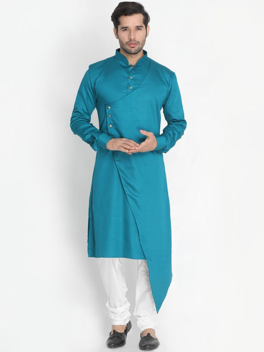 Vastramay Men's Blue Cotton Silk Blend Kurta and Churidar Set