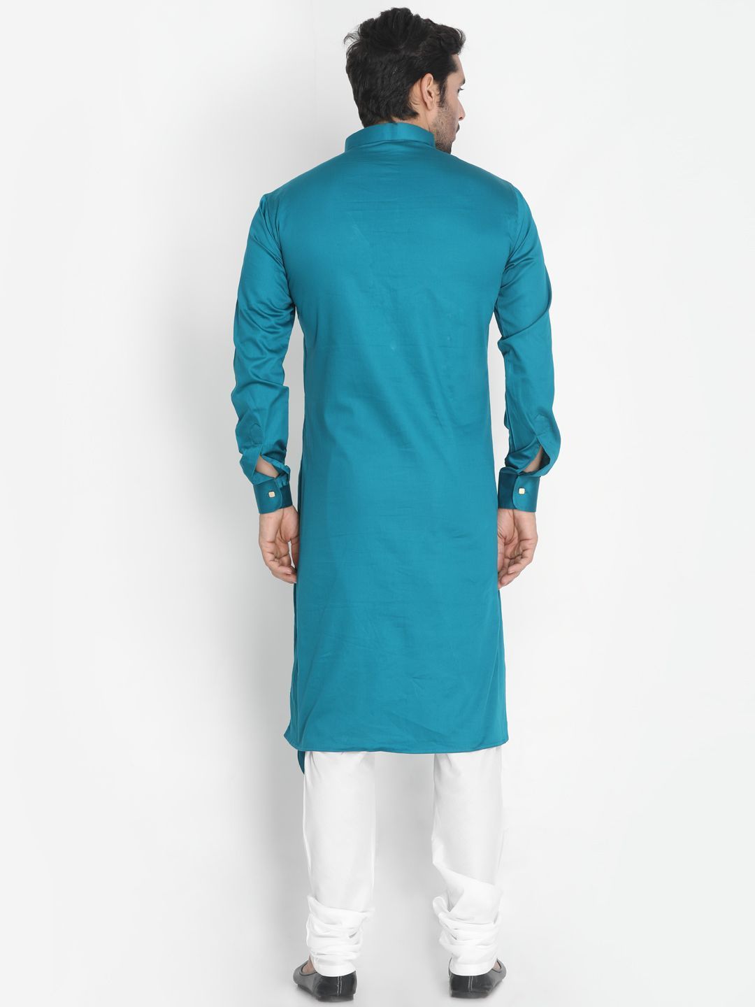 Vastramay Men's Blue Cotton Silk Blend Kurta and Churidar Set