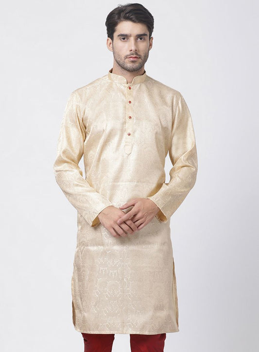 Vastramay Men's Gold Cotton Silk Blend Kurta