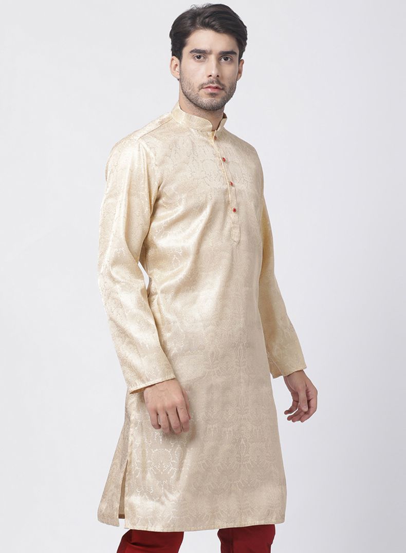 Vastramay Men's Gold Cotton Silk Blend Kurta