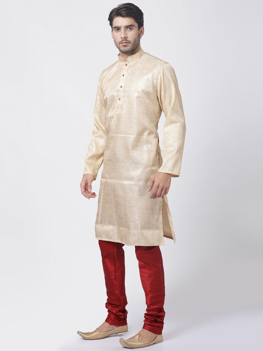 Vastramay Men's Gold Cotton Silk Blend Kurta