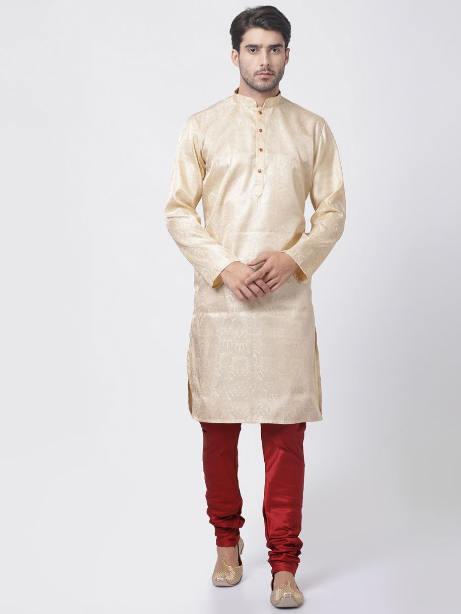 Vastramay Men's Gold Cotton Silk Blend Kurta