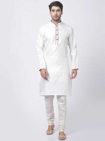 Vastramay Men's White Cotton Silk Blend Kurta and Churidar Set