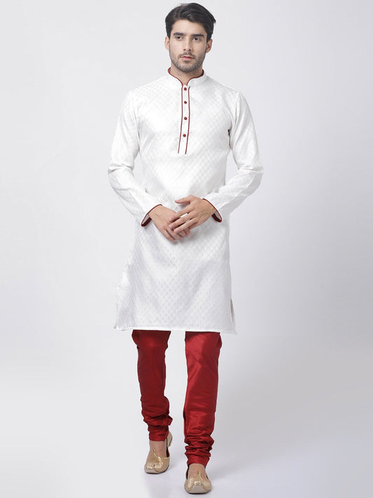 Vastramay Men's White Cotton Silk Blend Kurta and Churidar Set