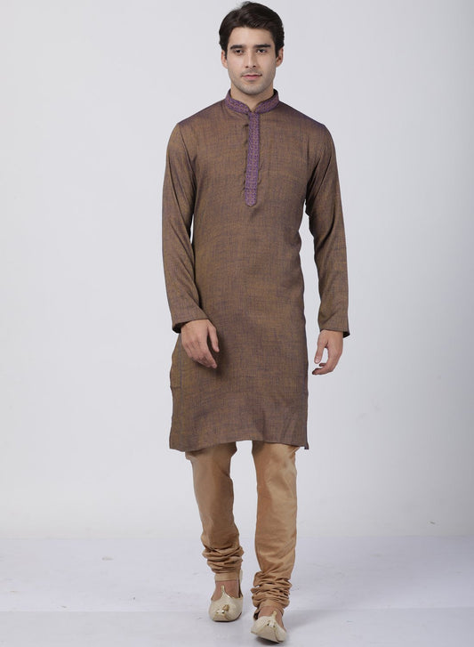 Vastramay Men's Brown Cotton Blend Kurta and Churidar Set