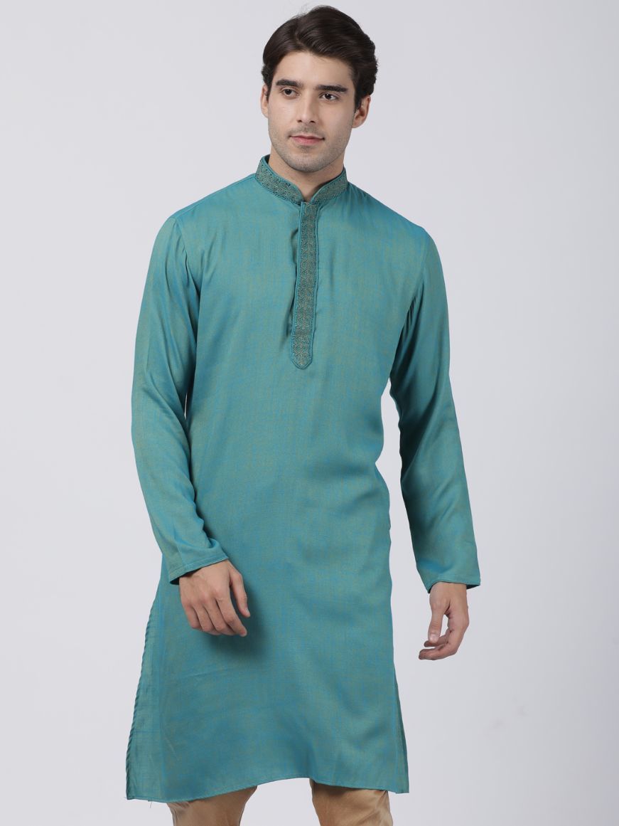 Vastramay Men's Green Cotton Blend Kurta