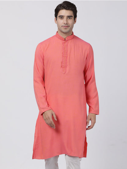 Vastramay Men's Pink Cotton Blend Kurta