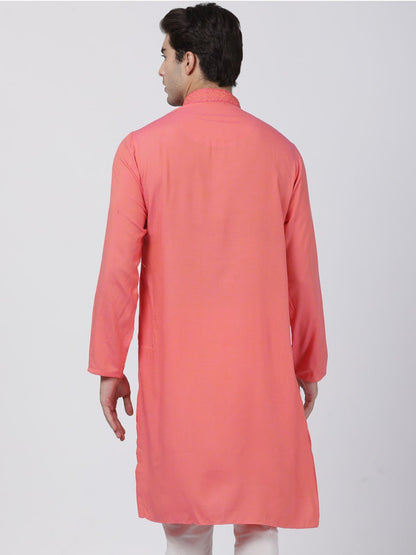 Vastramay Men's Pink Cotton Blend Kurta