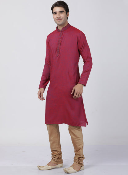 Vastramay Men's Purple Cotton Blend Kurta and Churidar Set