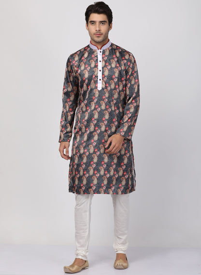 Vastramay Men's Grey Silk Blend Kurta