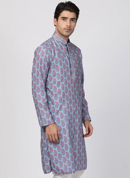 Vastramay Men's Blue and Pink Cotton Blend Kurta