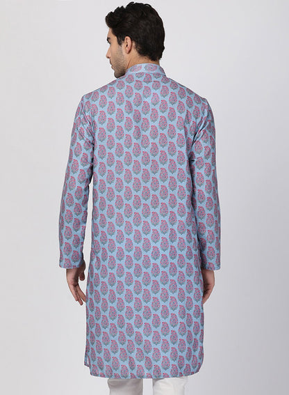 Vastramay Men's Blue and Pink Cotton Blend Kurta