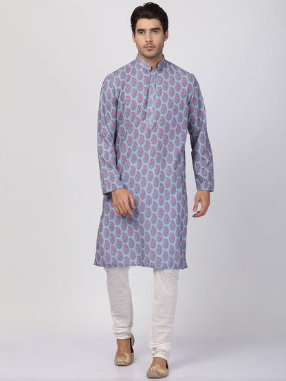 Vastramay Men's Blue and Pink Cotton Blend Kurta