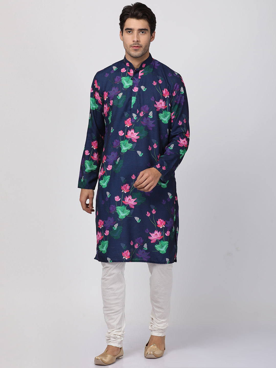 Vastramay Men Blue & Pink Printed Kurta with Churidar