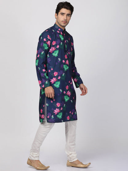 Vastramay Men Blue & Pink Printed Kurta with Churidar