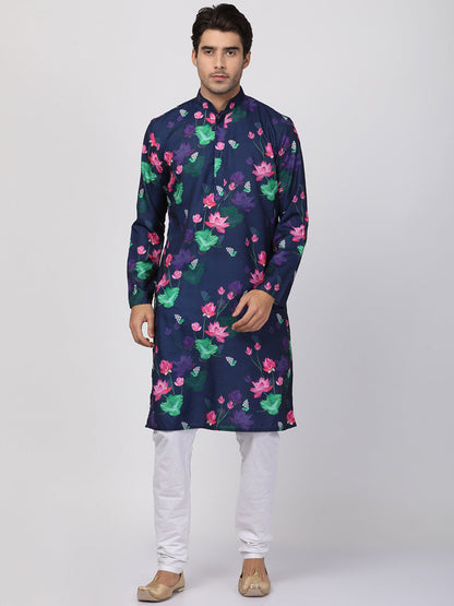 Vastramay Men's Blue & White Printed Kurta With Pyjama Set