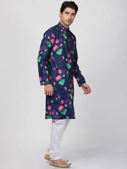 Vastramay Men's Blue & White Printed Kurta With Pyjama Set