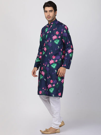 Vastramay Men's Blue & White Printed Kurta With Pyjama Set