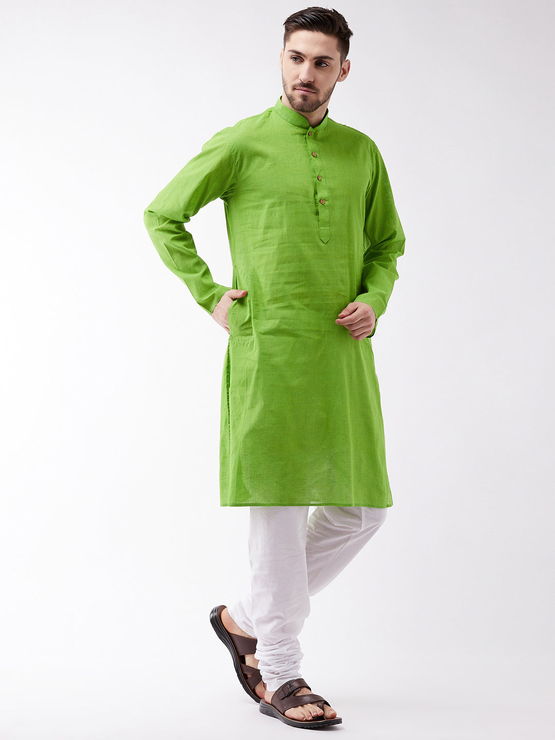 Vastramay Pure Handloom Cotton Green and White Baap Beta Kurta Pyjama set