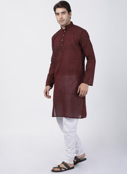 Vastramay Pure Handloom Cotton Maroon and White Baap Beta Kurta Pyjama set