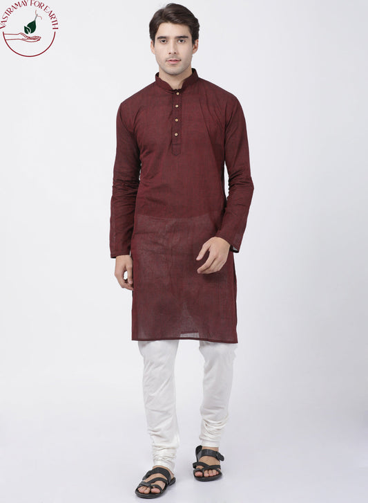 Vastramay Men's Maroon Cotton Handloom Kurta With Pyjama Set