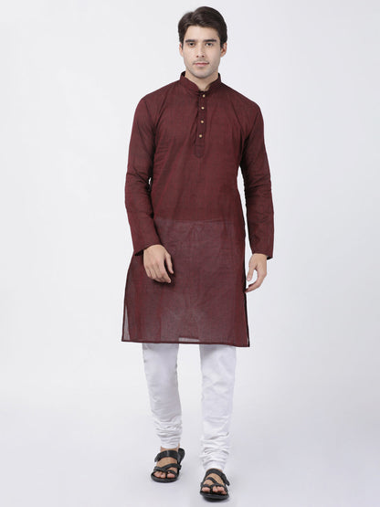 Vastramay Men's Maroon Cotton Handloom Kurta With Pyjama Set