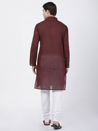 Vastramay Men's Maroon Cotton Handloom Kurta With Pyjama Set