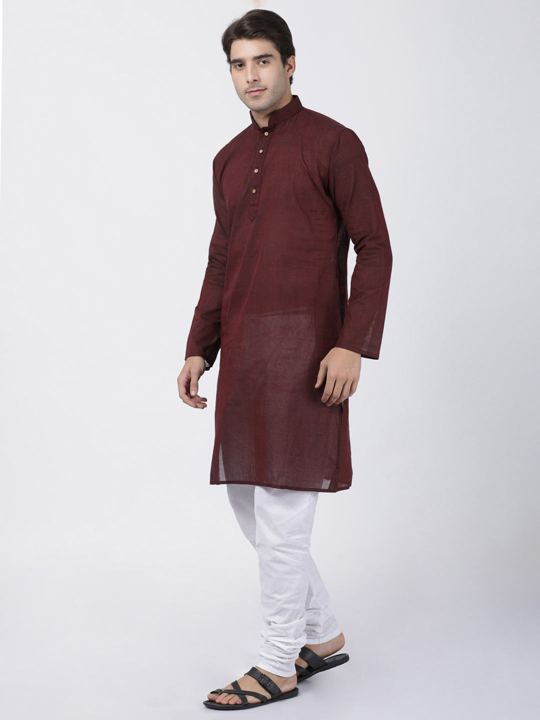 Vastramay Men's Maroon Cotton Handloom Kurta With Pyjama Set