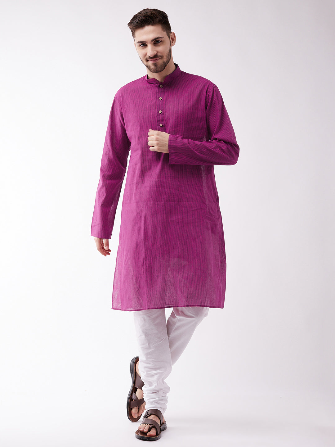 Vastramay Pure Handloom Cotton Purple and White Baap Beta Kurta Pyjama set