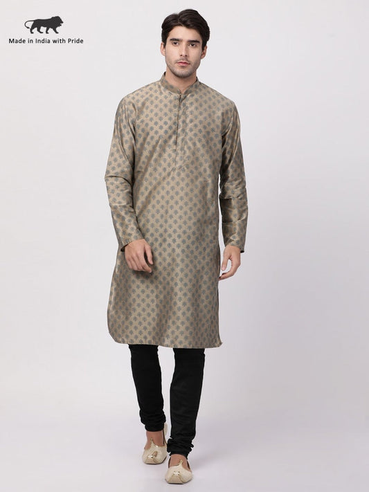 Vastramay Men's Beige Cotton Blend Kurta and Churidar Set