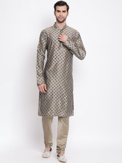 Vastramay Men's Beige Cotton Blend Kurta and Churidar Set