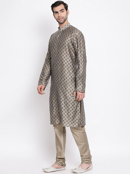 Vastramay Men's Beige Cotton Blend Kurta and Churidar Set