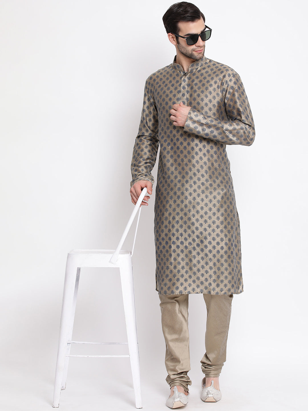 Vastramay Men's Beige Cotton Blend Kurta and Churidar Set