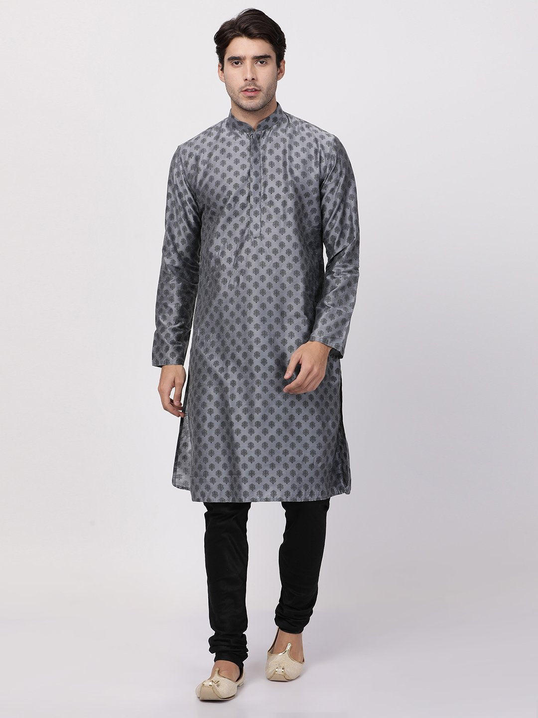 Vastramay Men's Grey Cotton Blend Kurta and Pyjama Set