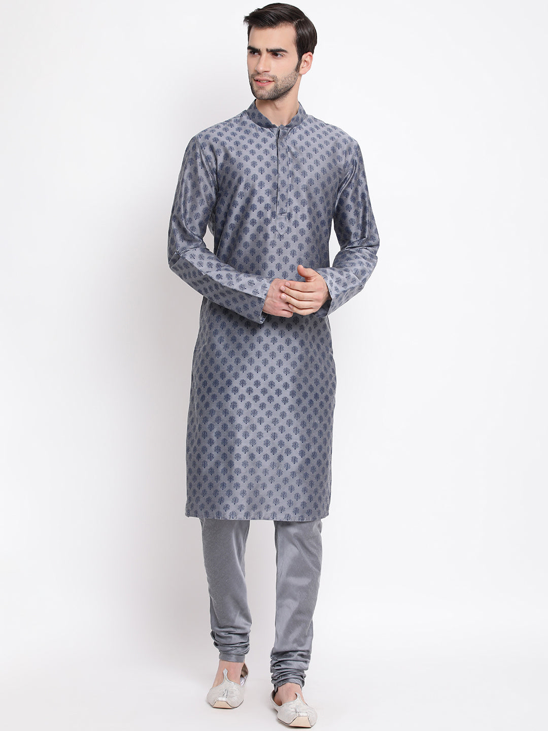 Vastramay Men's Grey Cotton Blend Kurta and Pyjama Set