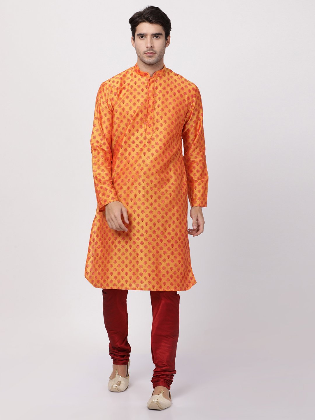 Vastramay Men's Orange Cotton Blend Kurta and Pyjama Set