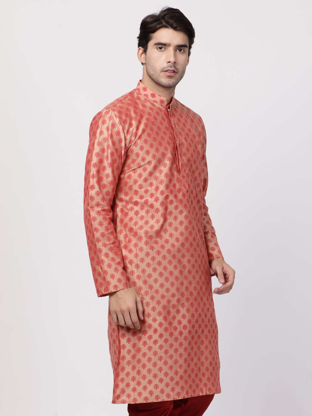 Vastramay Men's Pink Cotton Silk Blend Kurta