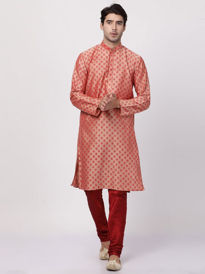 Vastramay Men's Peach Cotton Blend Kurta and Churidar Set