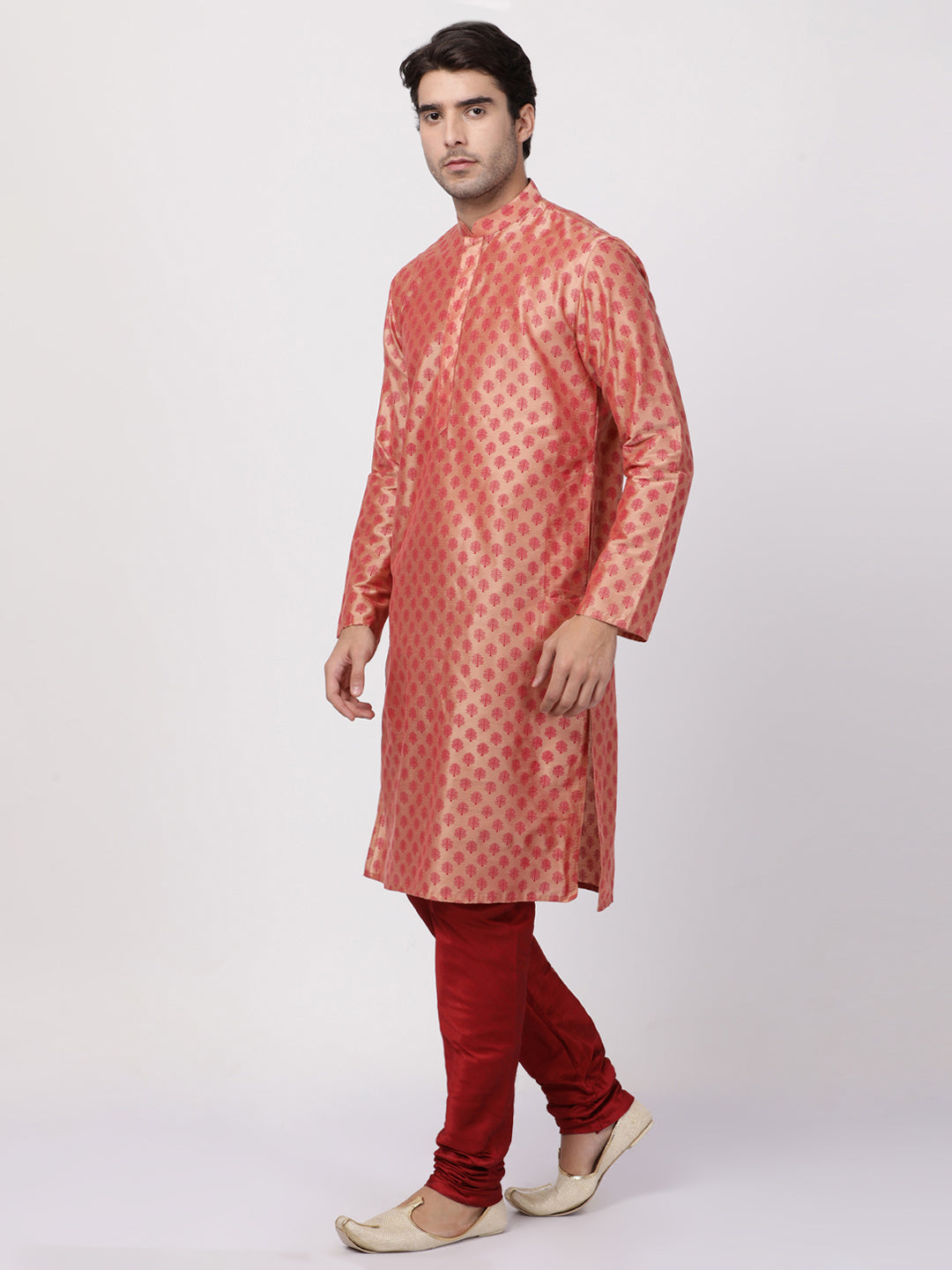 Vastramay Men's Peach Cotton Blend Kurta and Churidar Set