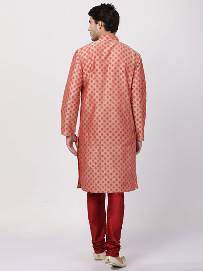 Vastramay Men's Peach Cotton Blend Kurta and Churidar Set