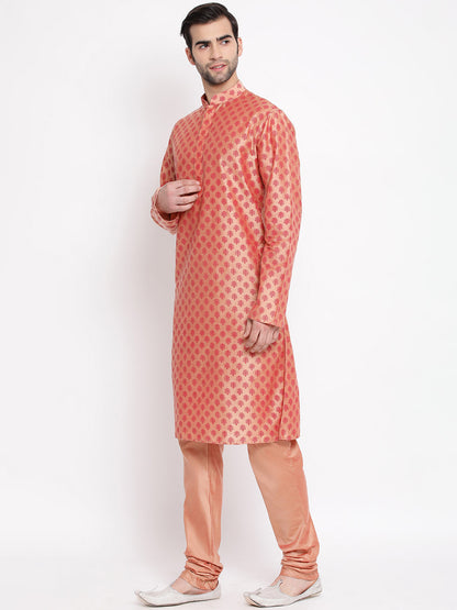 Vastramay Men's Peach Cotton Blend Kurta and Churidar Set